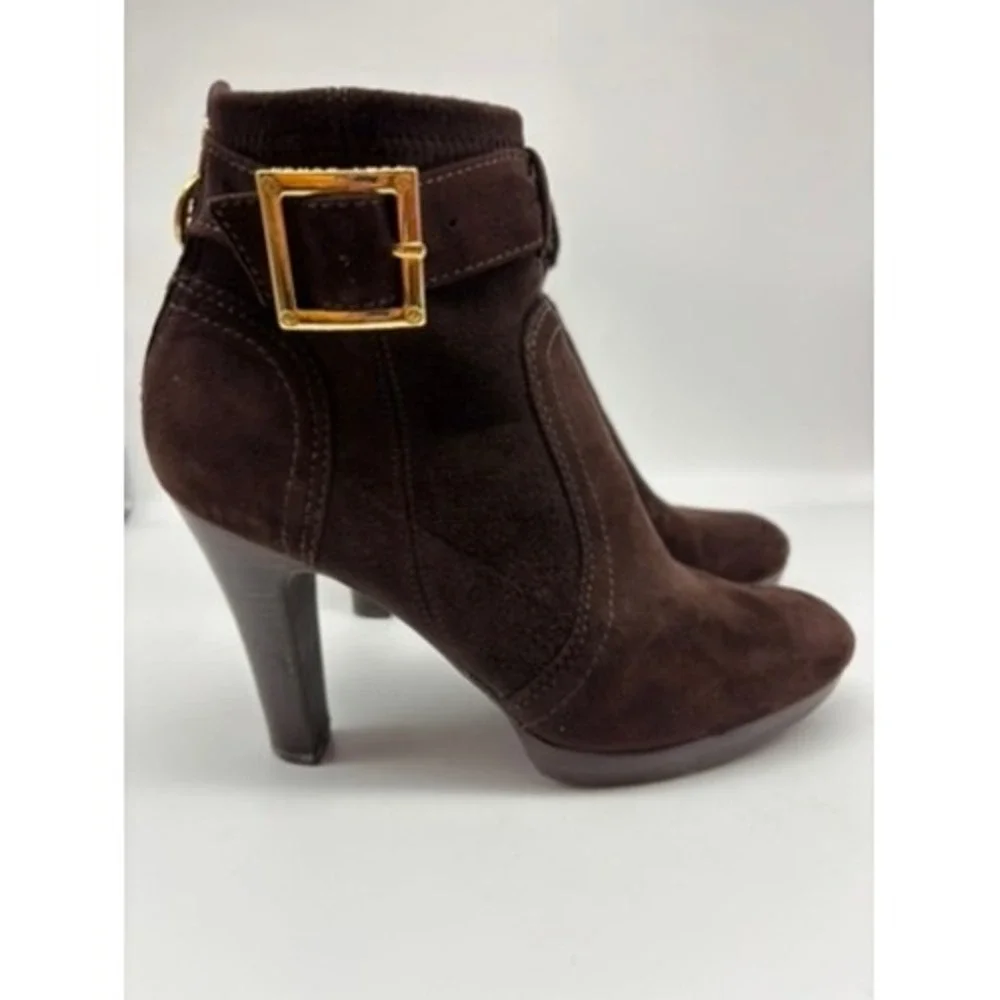 Tory Burch Ankle Boots Women‎ 6.5 Brown Suede Melrose Buckle Logo Back Zip Heel